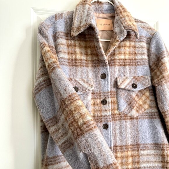 THE ANDAMANE Evita Wool Blend Check Plaid Shirt Jacket in Blue Multi Size XS - Picture 3 of 8